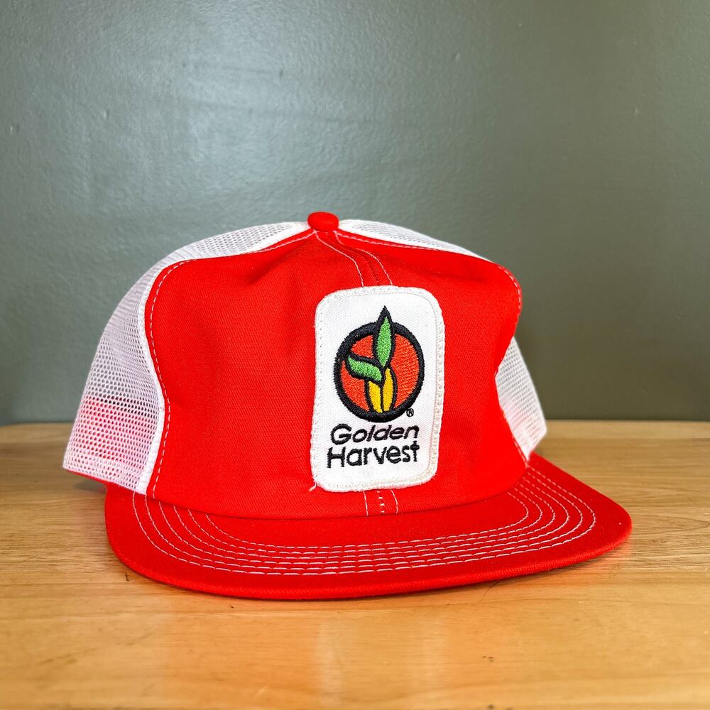 Vintage Golden Harvest Orange White 80s K-Products Mesh Trucker Snapback Hat